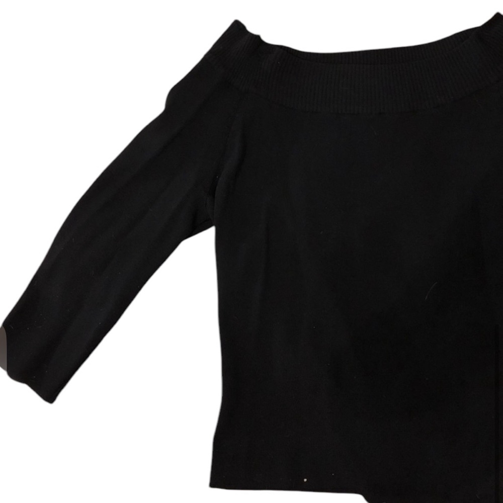 Vintage 90s Stretchy Black Off The Shoulder 3/4 Three Quarter Crop Sleeve Top - Picture 9 of 16